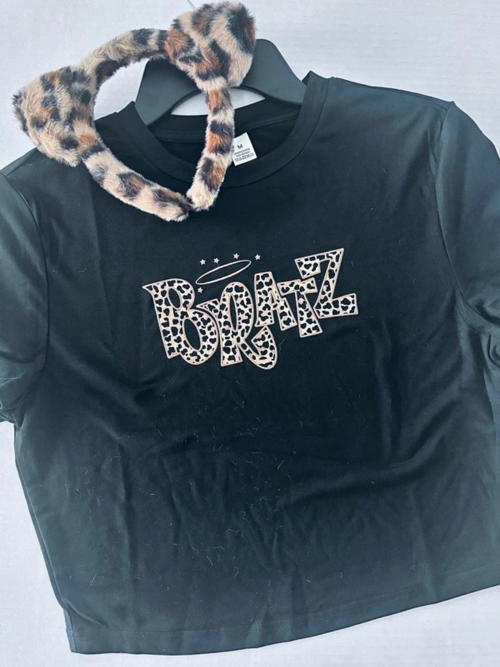 Bratz Black Leopard Print Graphic Crop Top with matching ears! Med. Halloween